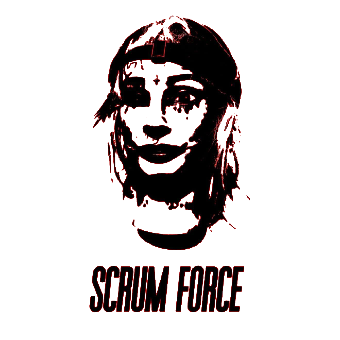 Black outline portrait and logo poster for Scrum Force.